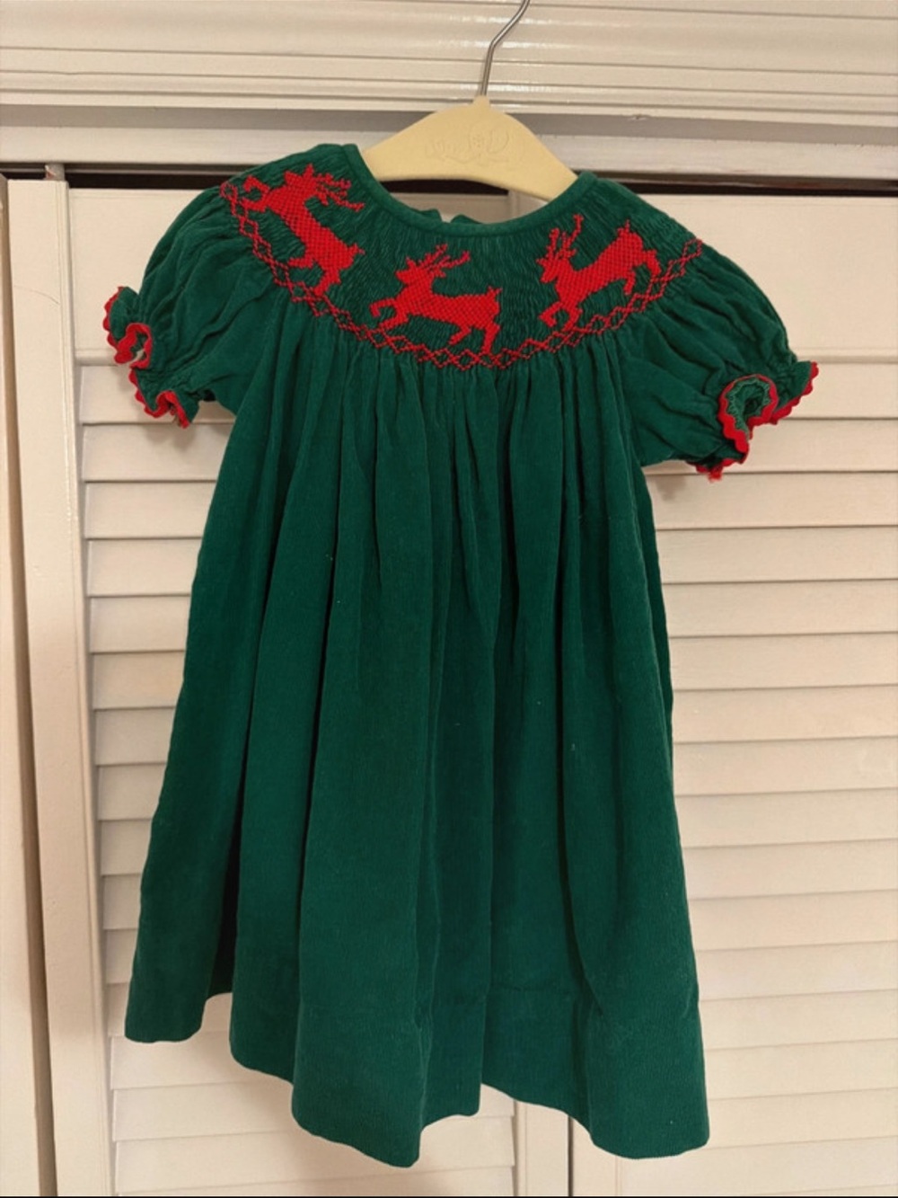 Green smocked corduroy Christmas dress